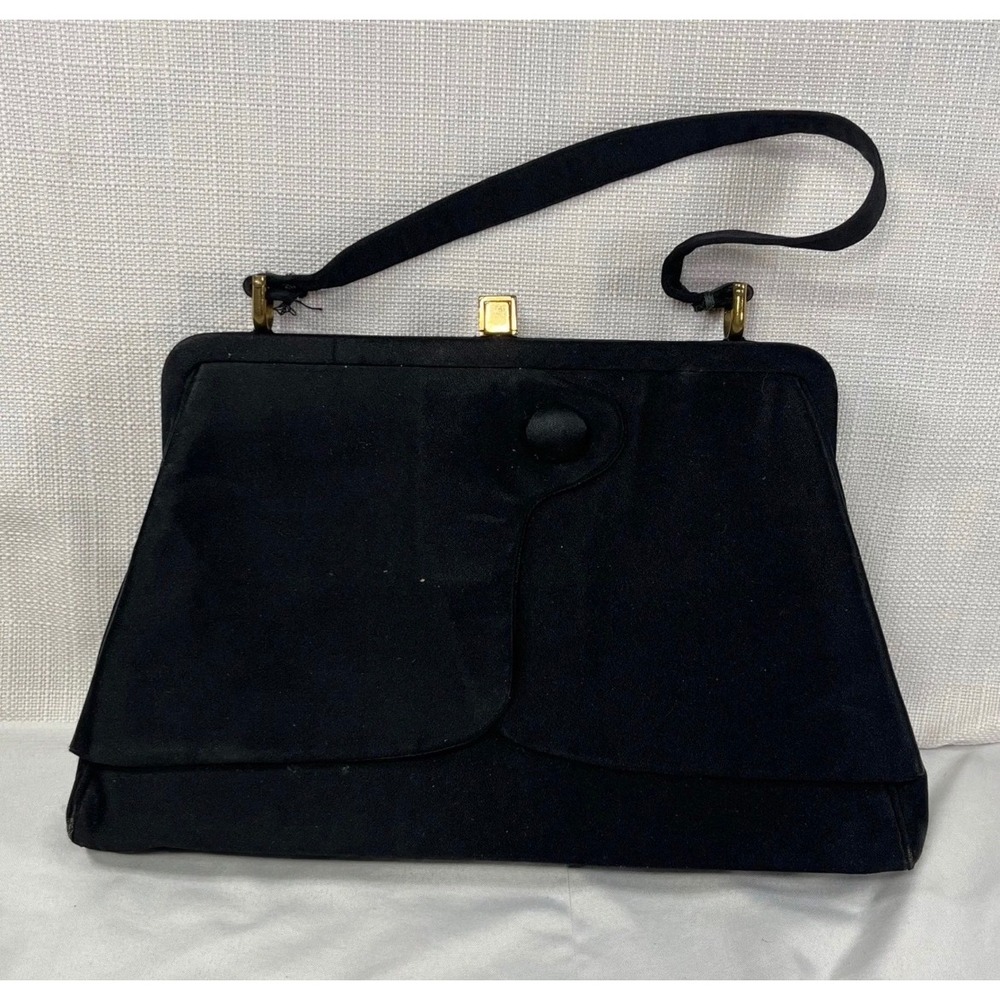 Vintage Bobbie Jerome Black Satin Evening Handbag Gold Clasp Frame Bag